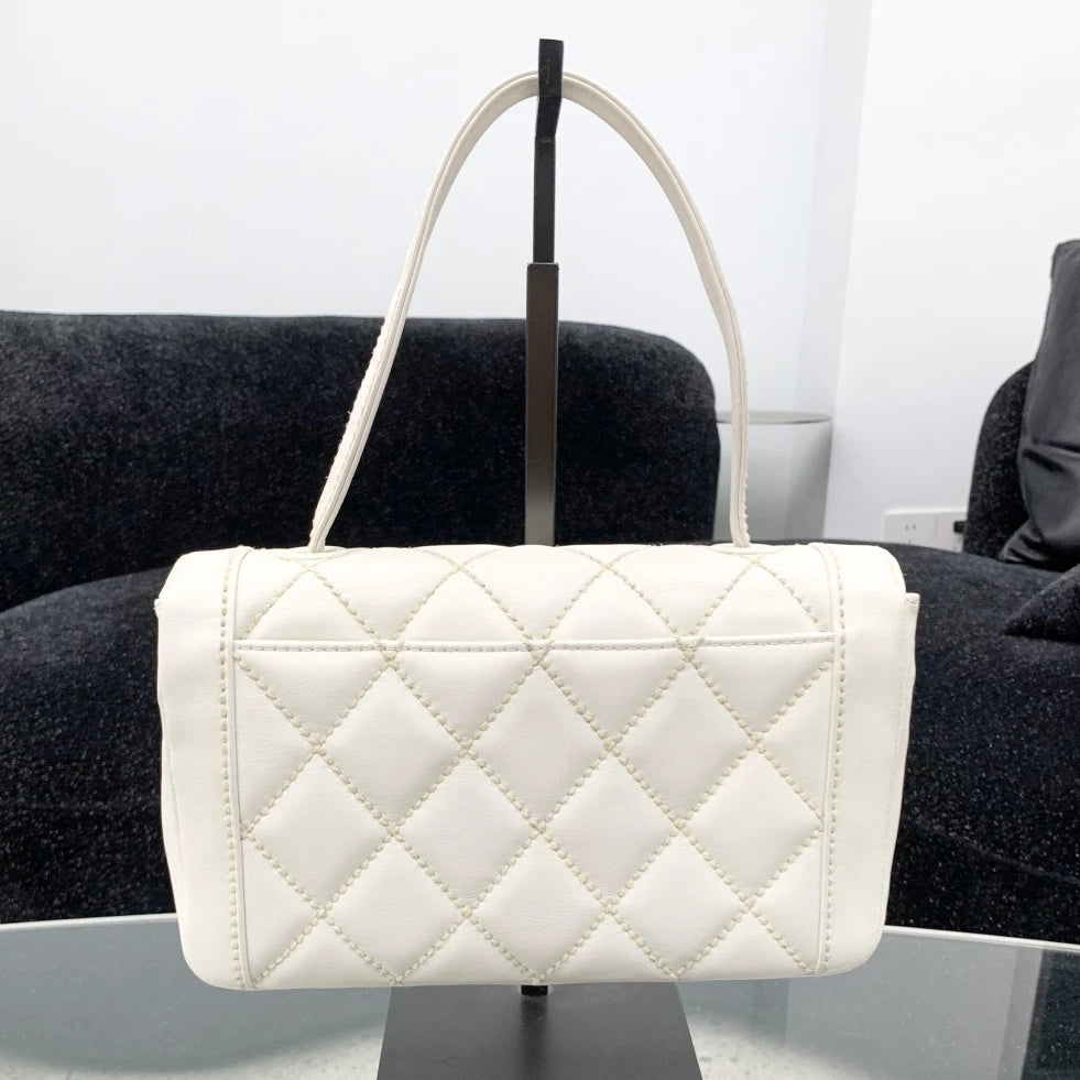 Chanel Calfskin Diamond Top Handle Shoulder Bag White Gold Hardware Women S