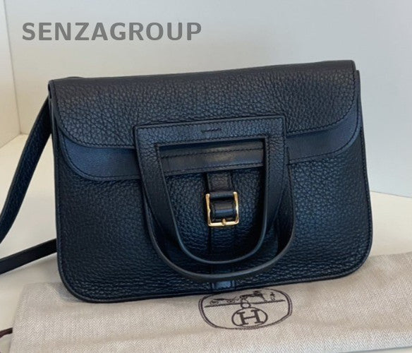 Hermes Halzan25 Top Handle Shoulder Bag Crossbody Black Gold Women Classic