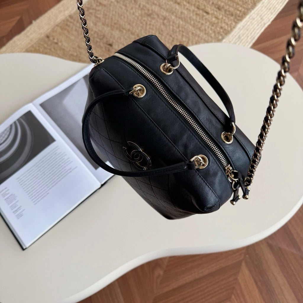 Chanel Bowling Calfskin Top Handle Chain Crossbody Black Gold Classic Women