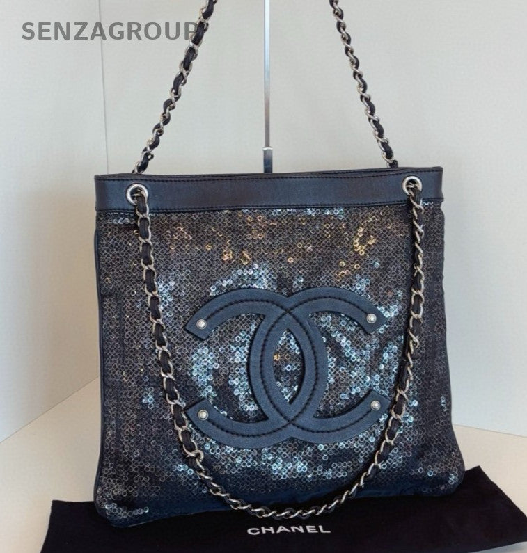 Chanel Calfskin Chain Tote Shoulder Bag Crossbody Black Silver Women Classic