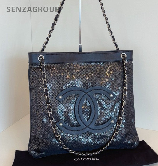 Chanel Calfskin Chain Tote Shoulder Bag Crossbody Black Silver Women Classic
