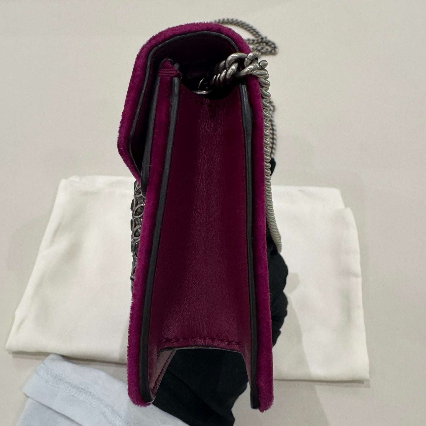 Gucci Dionysus Mini Chain Bag in Velvet, Burgundy with Silver Hardware