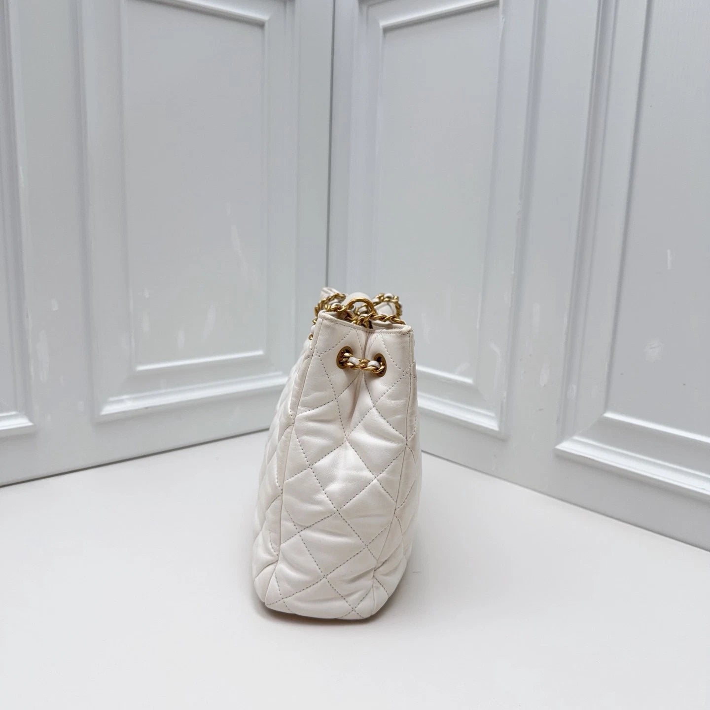 Chanel Quilted Lambskin Small Bucket Bag Shoulder Bag White with Enamel CC Logo