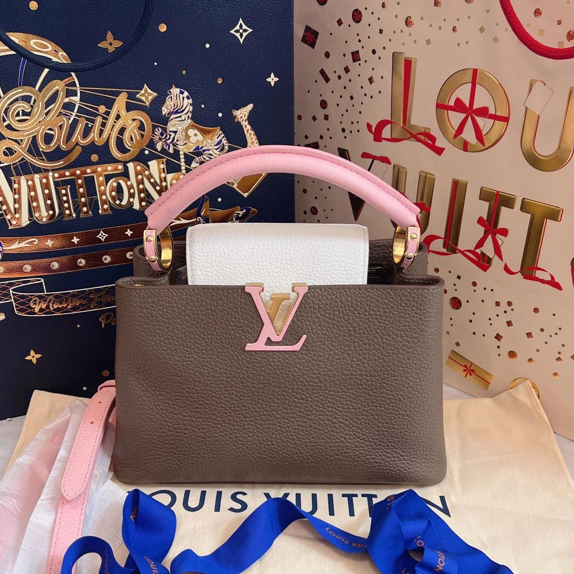 Louis Vuitton Capucines BB Top Handle Bag Crossbody Gray Pink Gold Women Classic