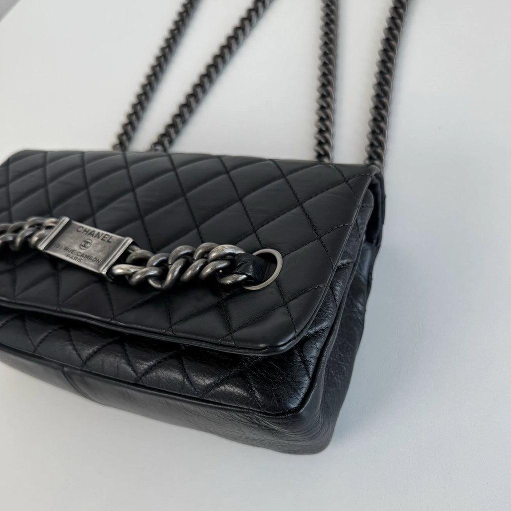 Chanel Classic Flap Cambon Chain Shoulder Bag Black Silver Women Diamond
