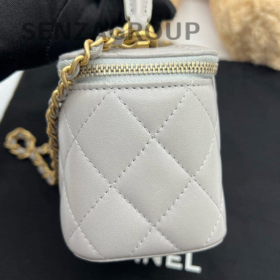 Chanel Classic Gray Gold Quilted Box Bag Chain Strap Shoulder Crossbody