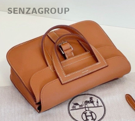 Hermes Halzan Mini Top Handle Bag Crossbody Brown Silver Women Classic