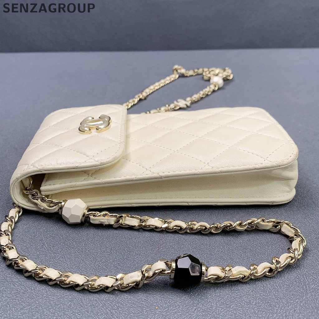 Chanel Lambskin Phone Chain Crossbody Bag White Gold Classic Fashion Women