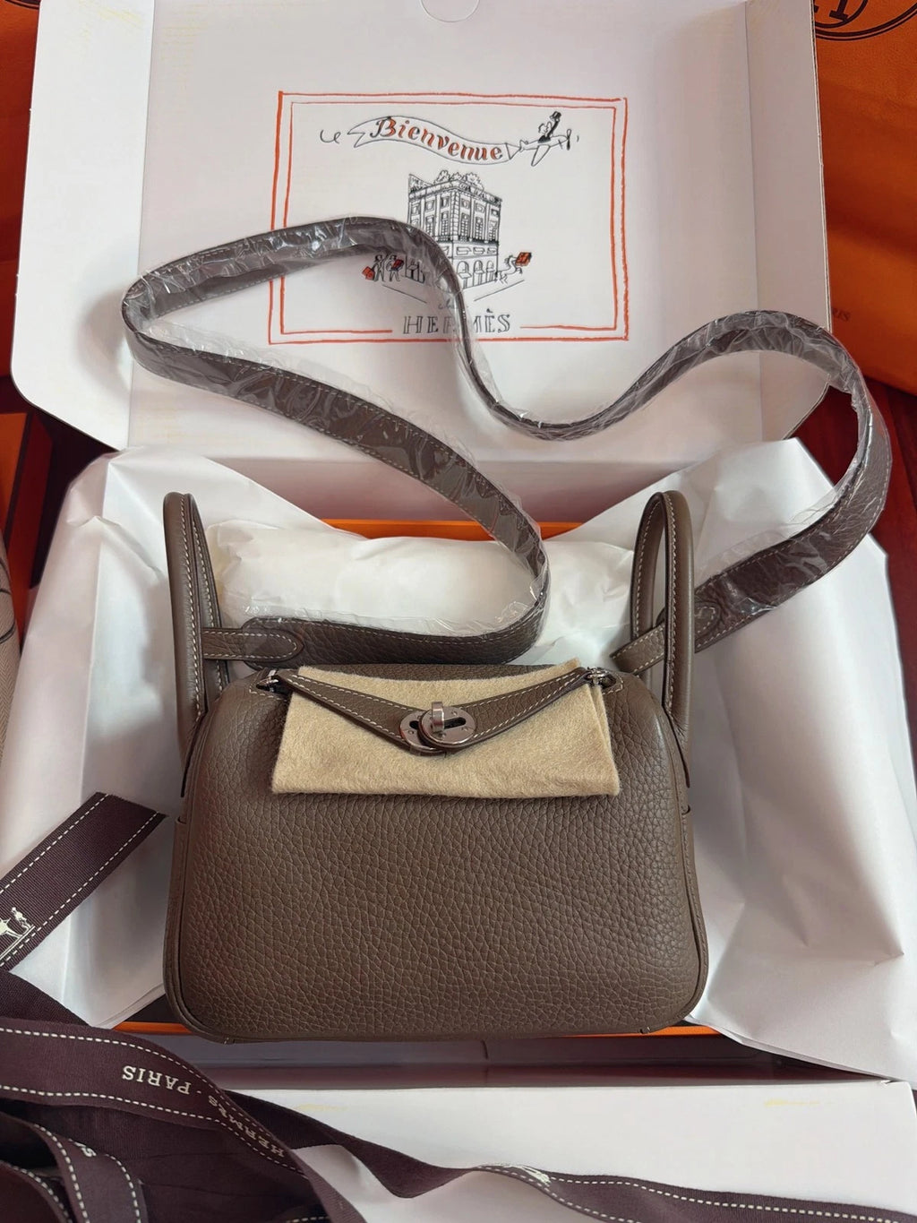 Excellent Hermes Lindy Mini TC Leather Gray Handbag Shoulder Bag Silver Hardware