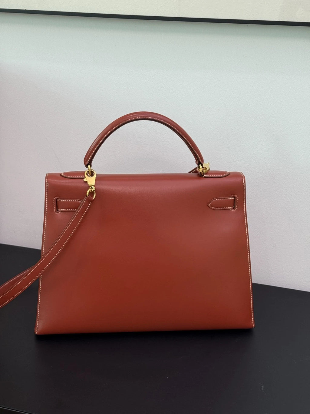 Hermes Kelly32 Top Handle Bag Crossbody Brown Gold Classic Fashion Women