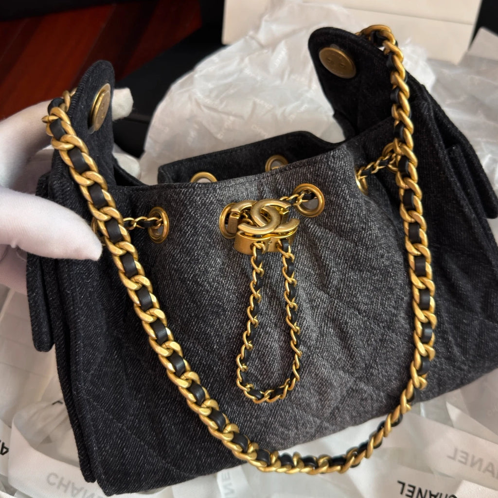 New Chanel 25Bag Mini Black Denim Gold Chain Shoulder Bag Diamond with Dust Bag