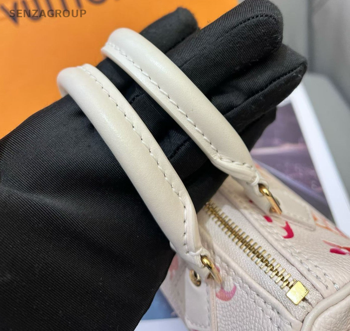 Louis Vuitton Speedy Nano Monogram Top Handle Bag Crossbody White Gold Women