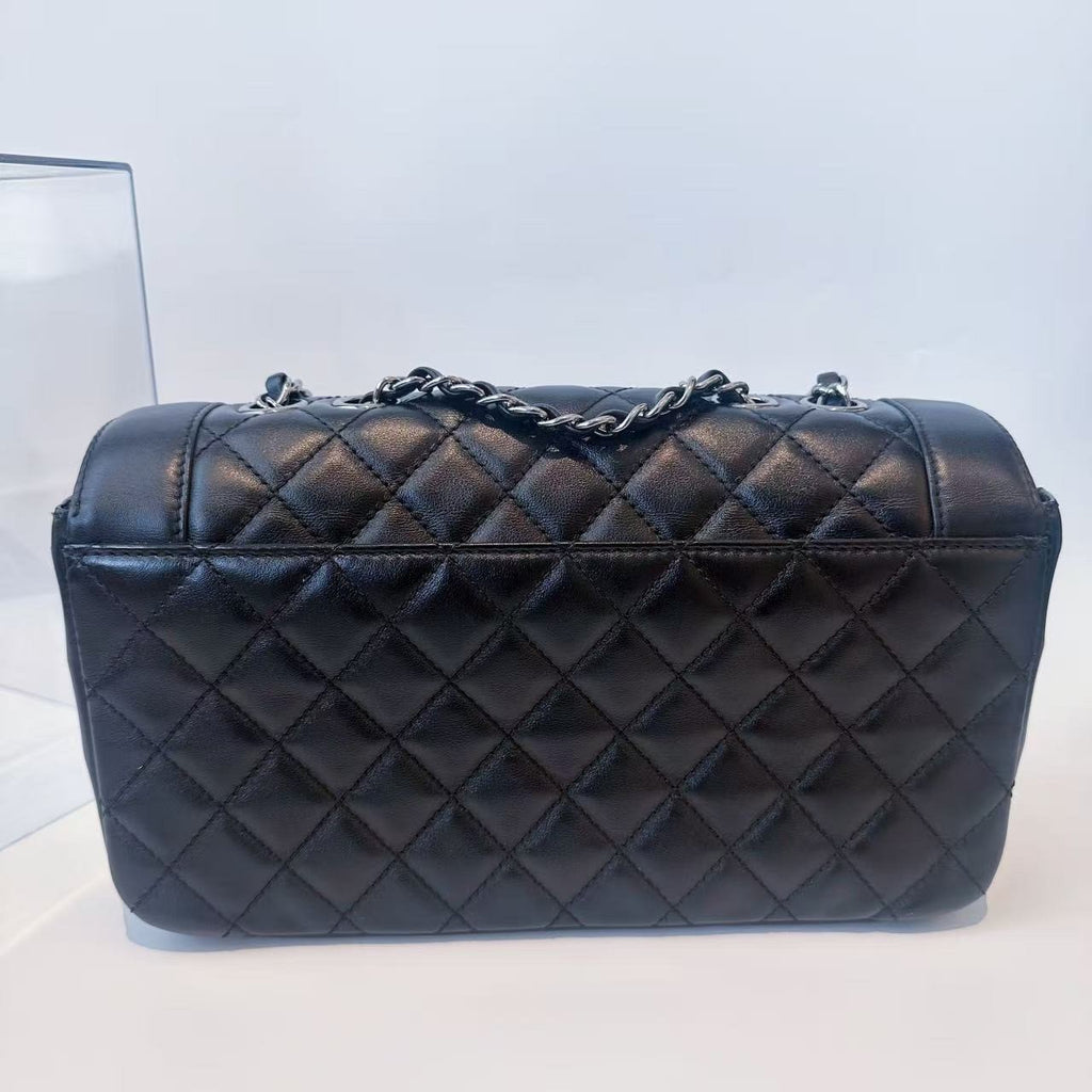 Chanel Classic Flap Calfskin Chain Shoulder Bag Black Silver Used Women Diamond