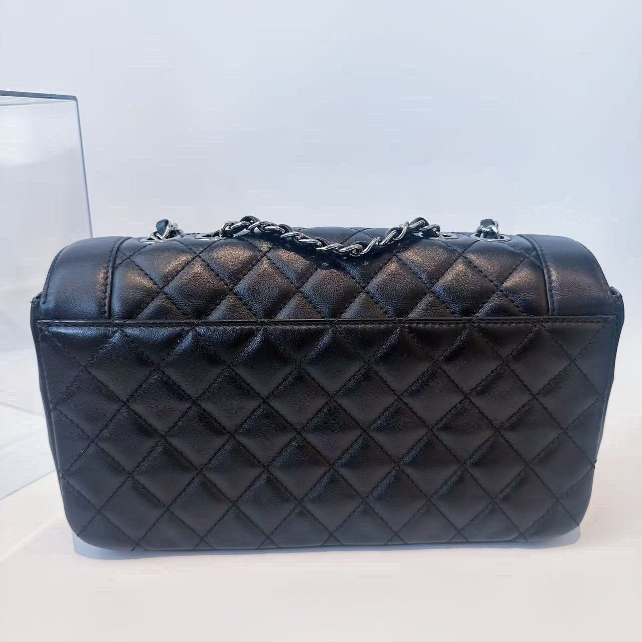 Chanel Classic Flap Calfskin Chain Shoulder Bag Black Silver Used Women Diamond
