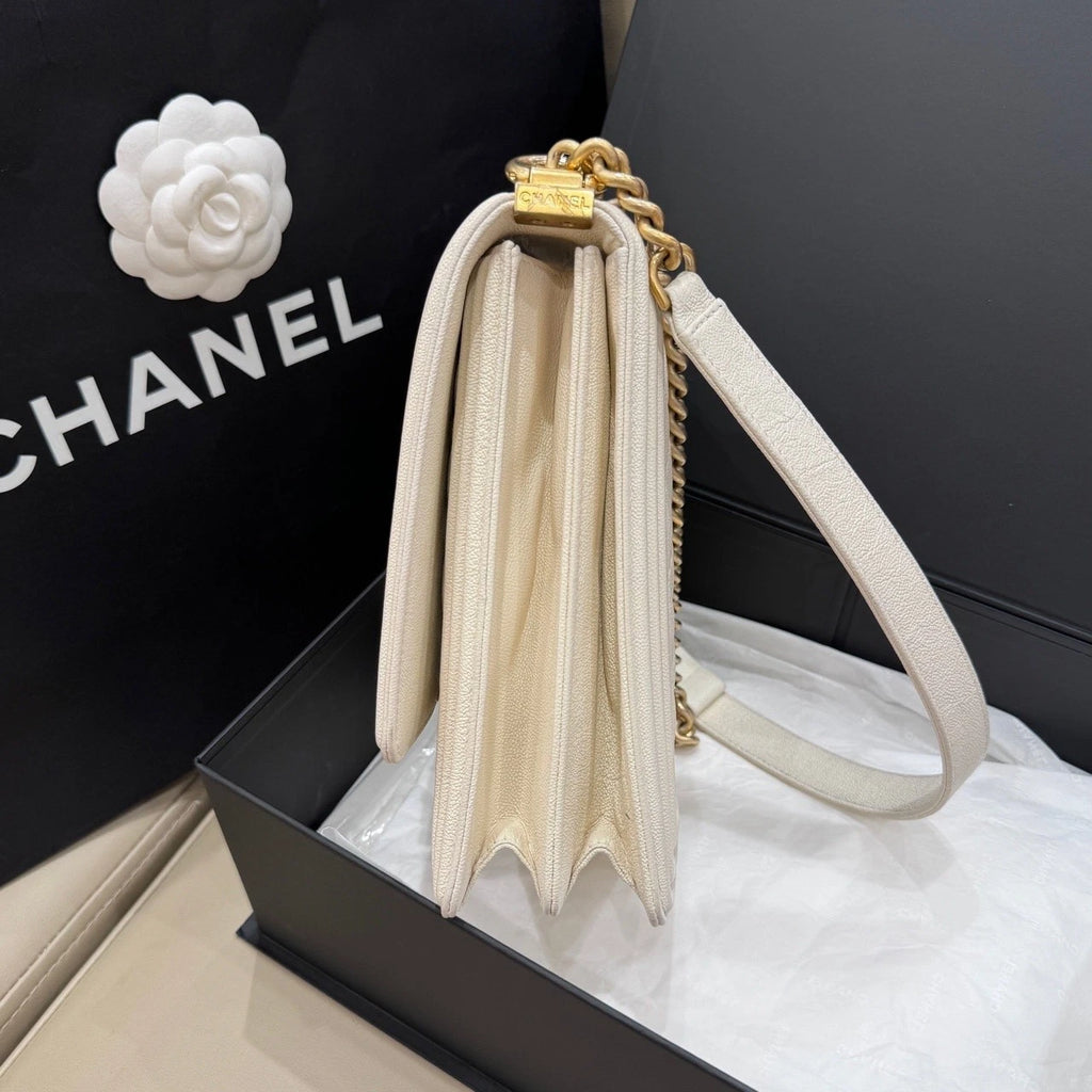 CHANEL White Leather Leboy Shoulder Crossbody Bag For Women
