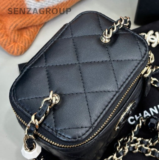 Chanel 23P Mini Chain Box Shoulder Bag Crossbody Black Gold Women Classic