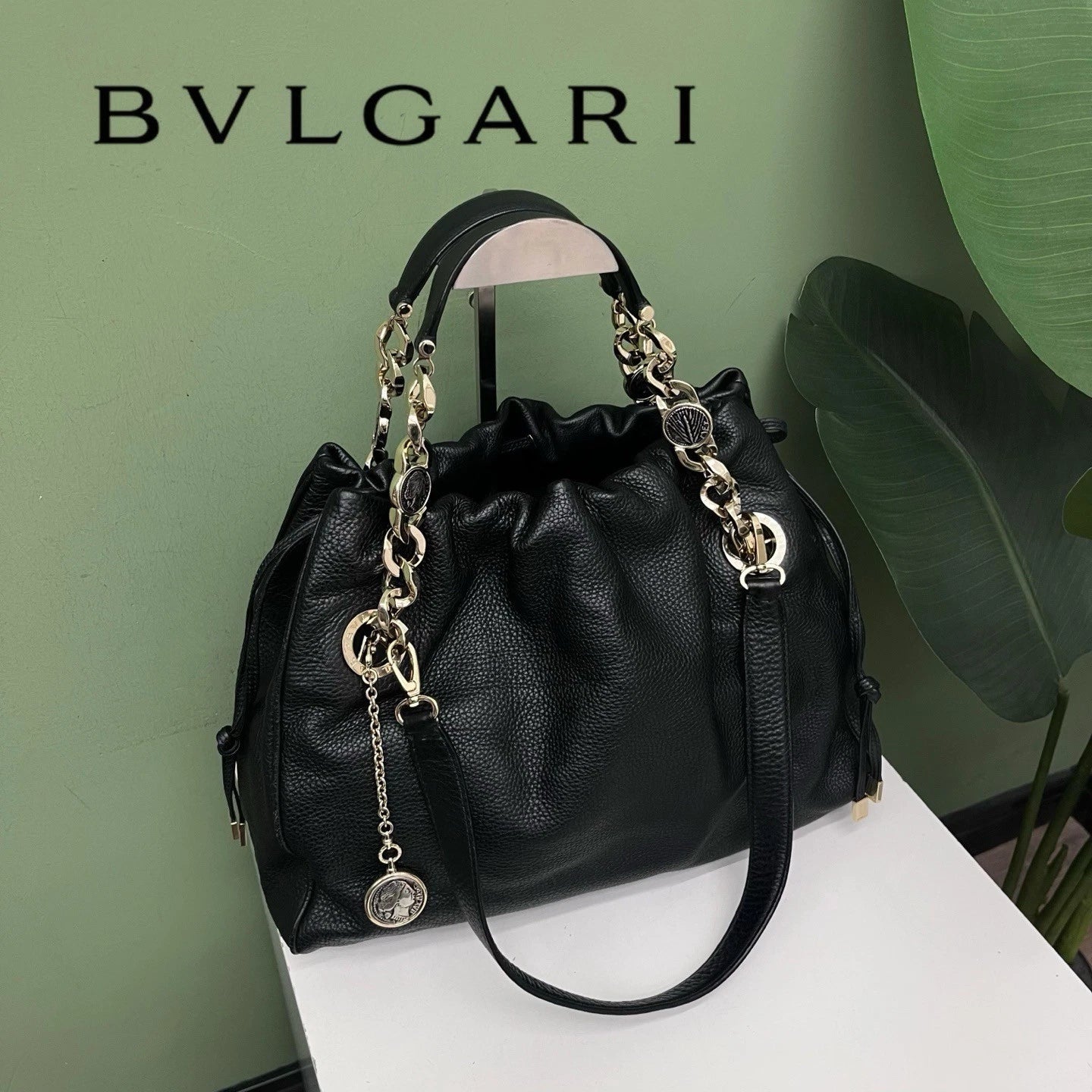 Bvlgari Ruched Tote Bag Black Top Handle Bag Shoulder Bag Women