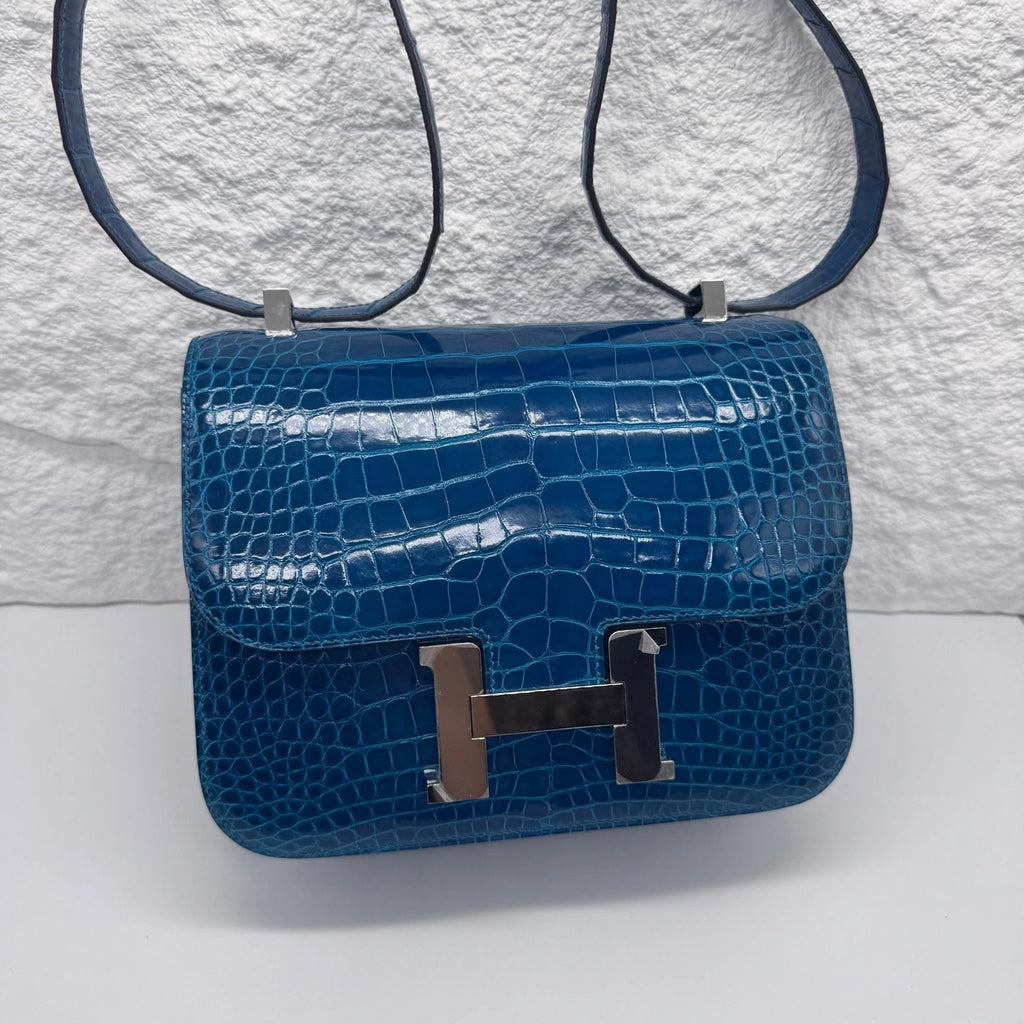 Hermes Constance24 Women Shiny Leather Blue Shoulder Bag