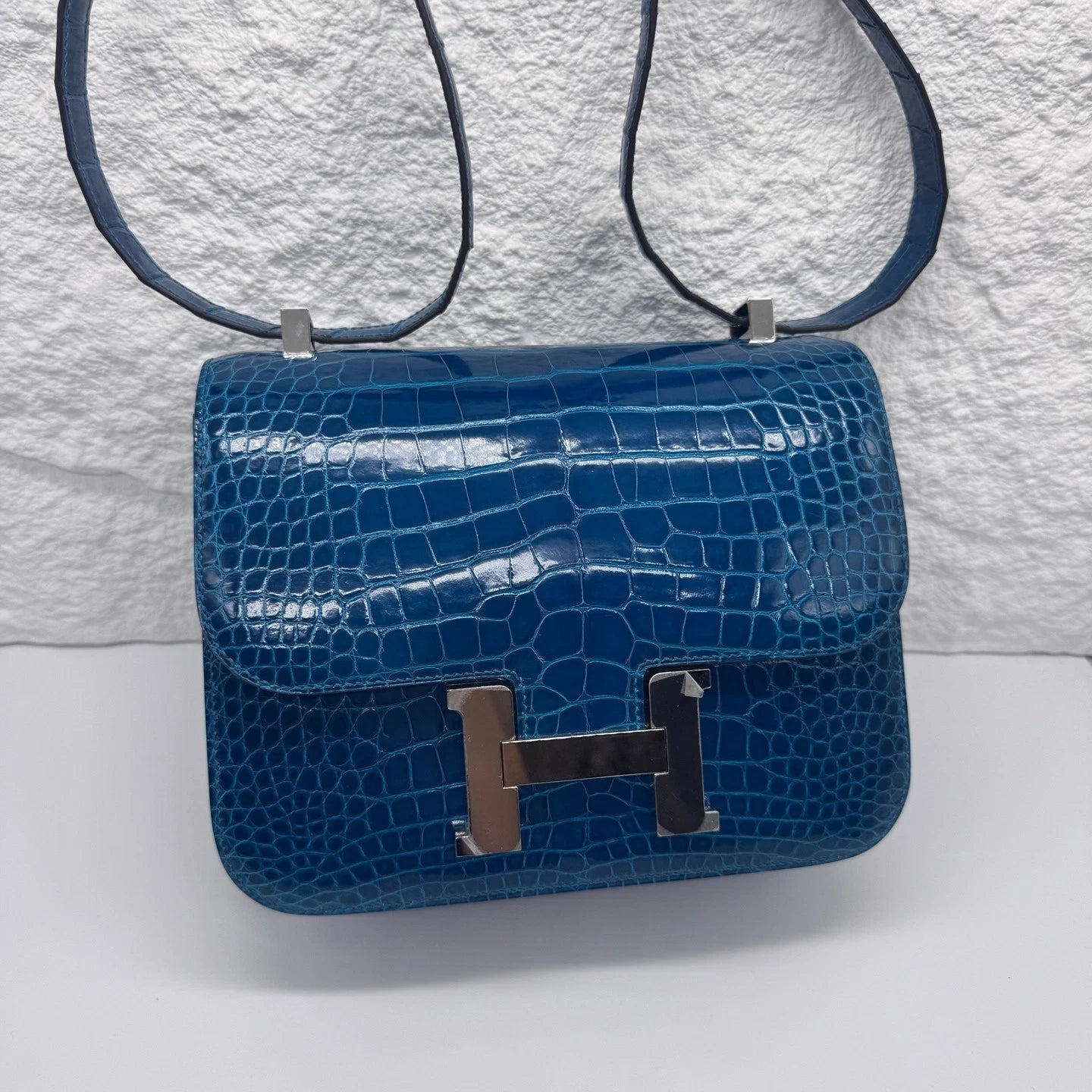 Hermes Constance24 Women Shiny Leather Blue Shoulder Bag
