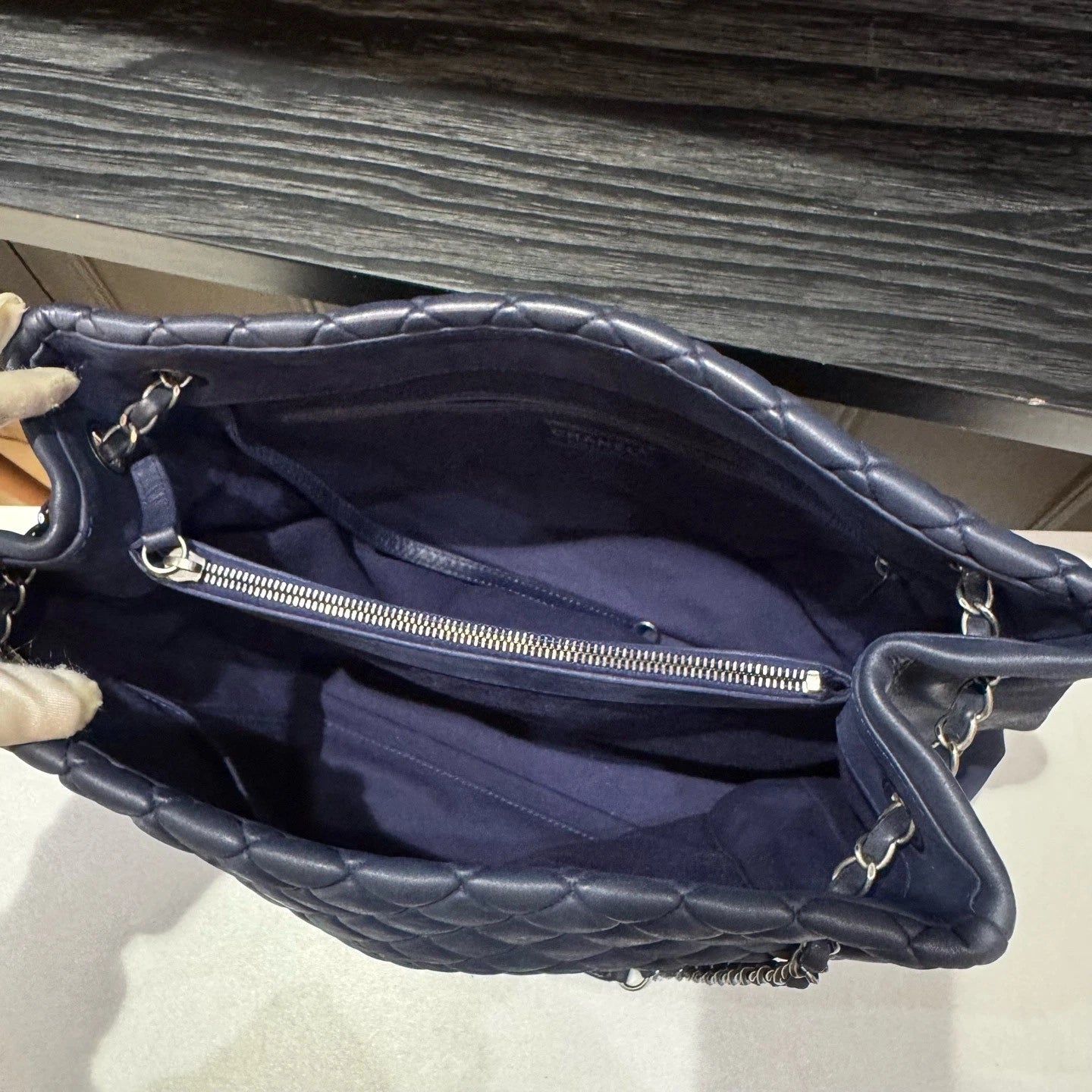 Chanel Bubble Quilt Tote Chain Shoulder Bag Blue Silver Women Diamond Classic