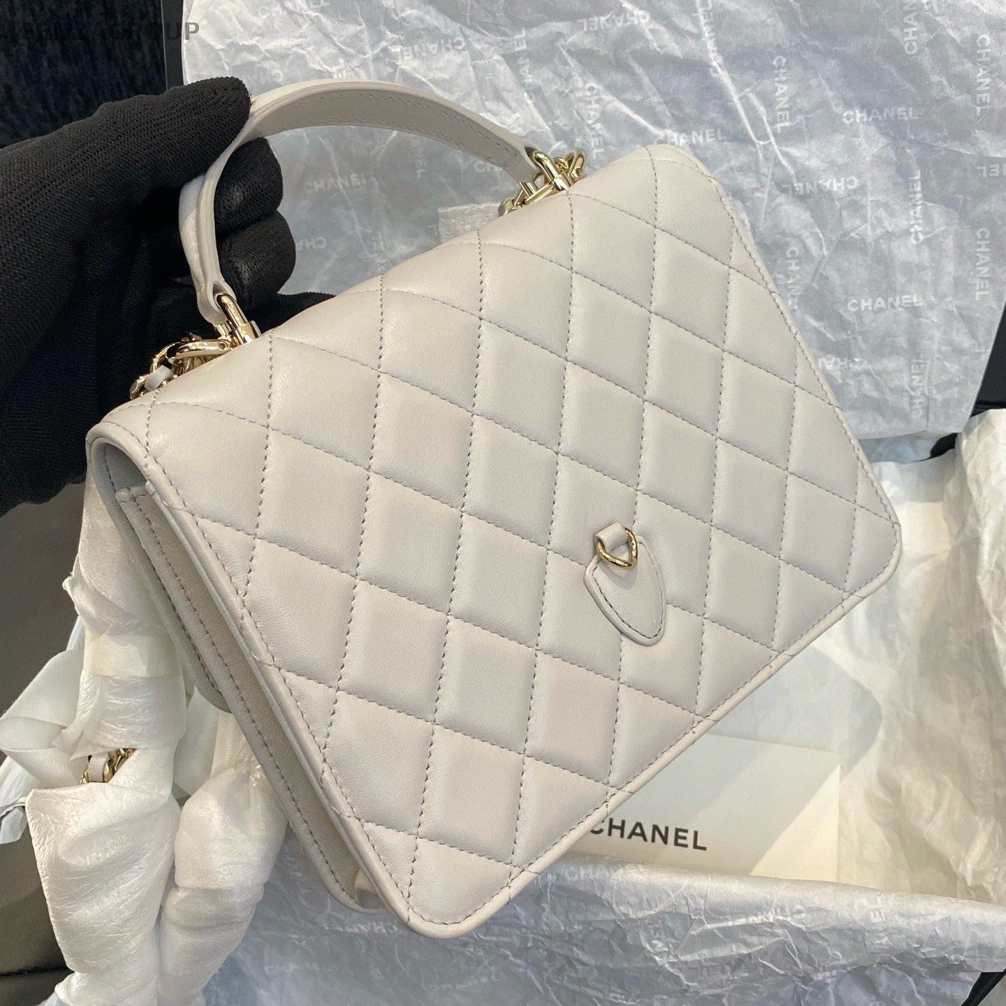 Chanel Diamond Lambskin Chain Crossbody Top Handle Bag Gray Gold Women Classic