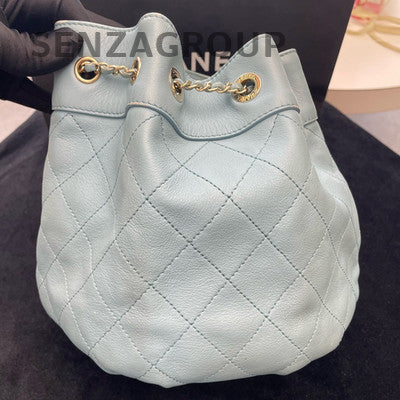 Chanel Blue Quilted Bucket Bag Gold Chain Strap Classic Women's Shoulder Bag