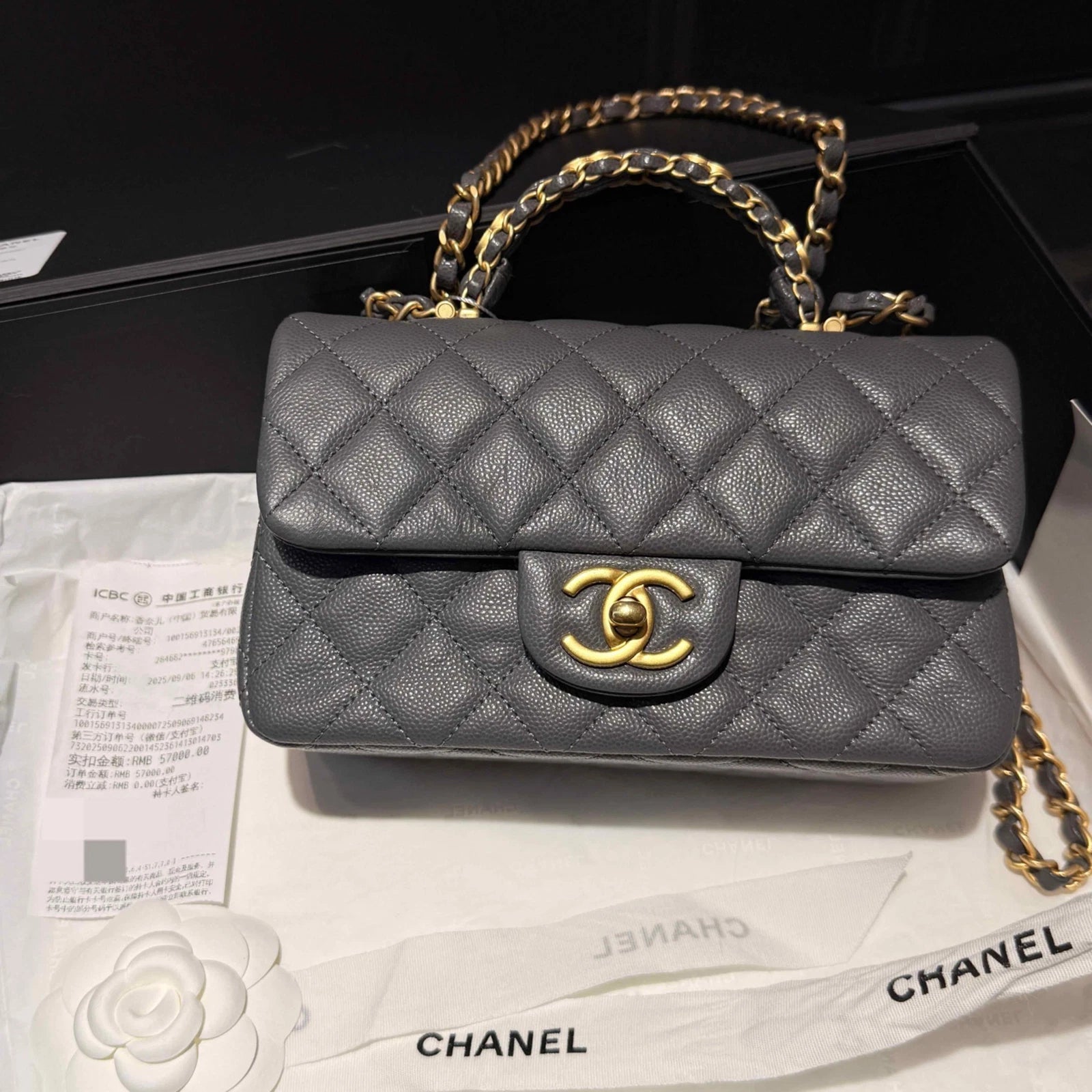 Chanel Classic Flap Mini CC Logo Calfskin Top Handle Shoulder Bag Gray Women D
