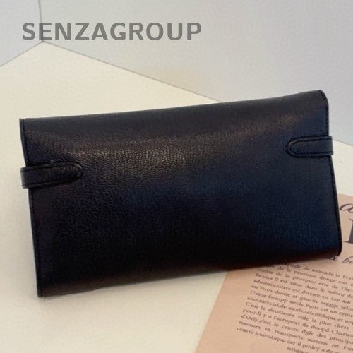 Hermes Kelly Long Wallet Clutch Lambskin Black Silver Used Women Classic