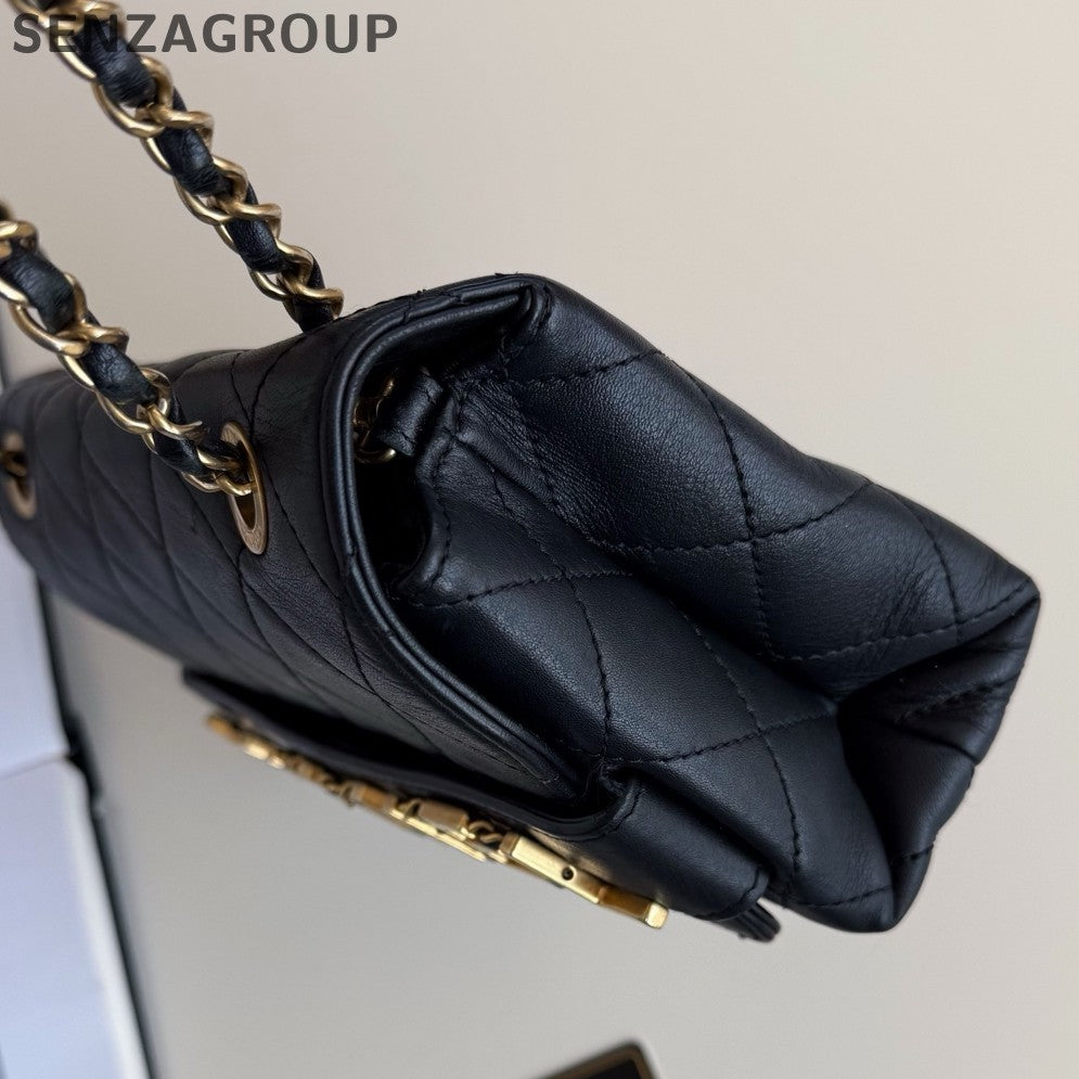 Chanel Classic Flap Chain Shoulder Bag Black Gold Women Fashion