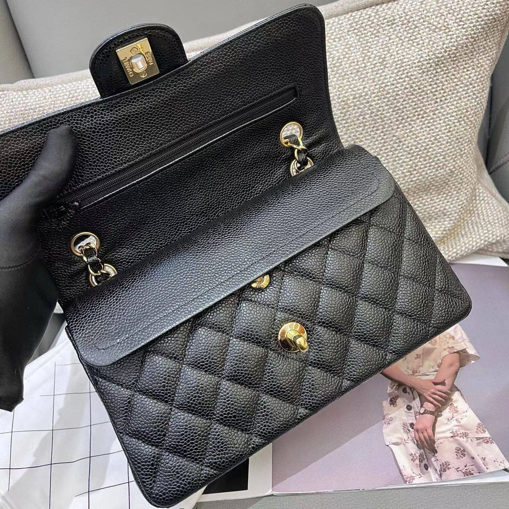 Chanel Classic Flap PM Calfskin Chain Shoulder Crossbody Black Gold Women