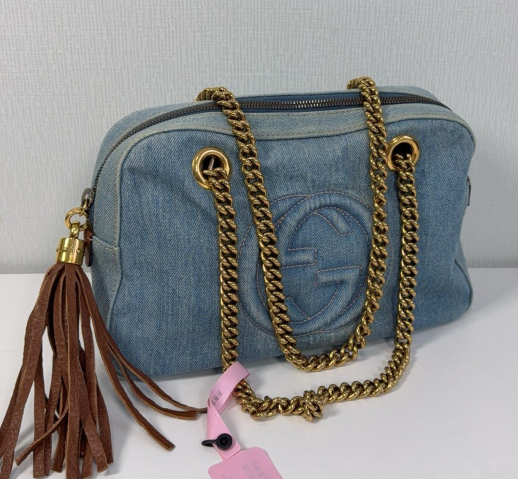 Gucci Soho Tote Denim Chain Handbag Shoulder Bag Blue Gold Women Classic