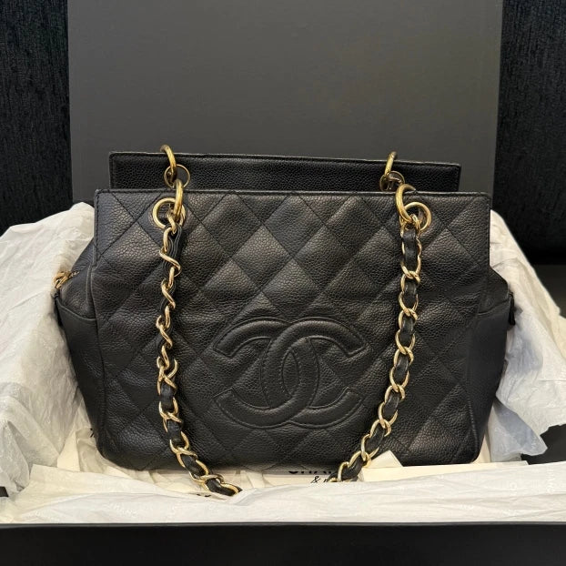 Chanel Calfskin Tote Chain Diamond Shoulder Bag Black Gold Women Classic D