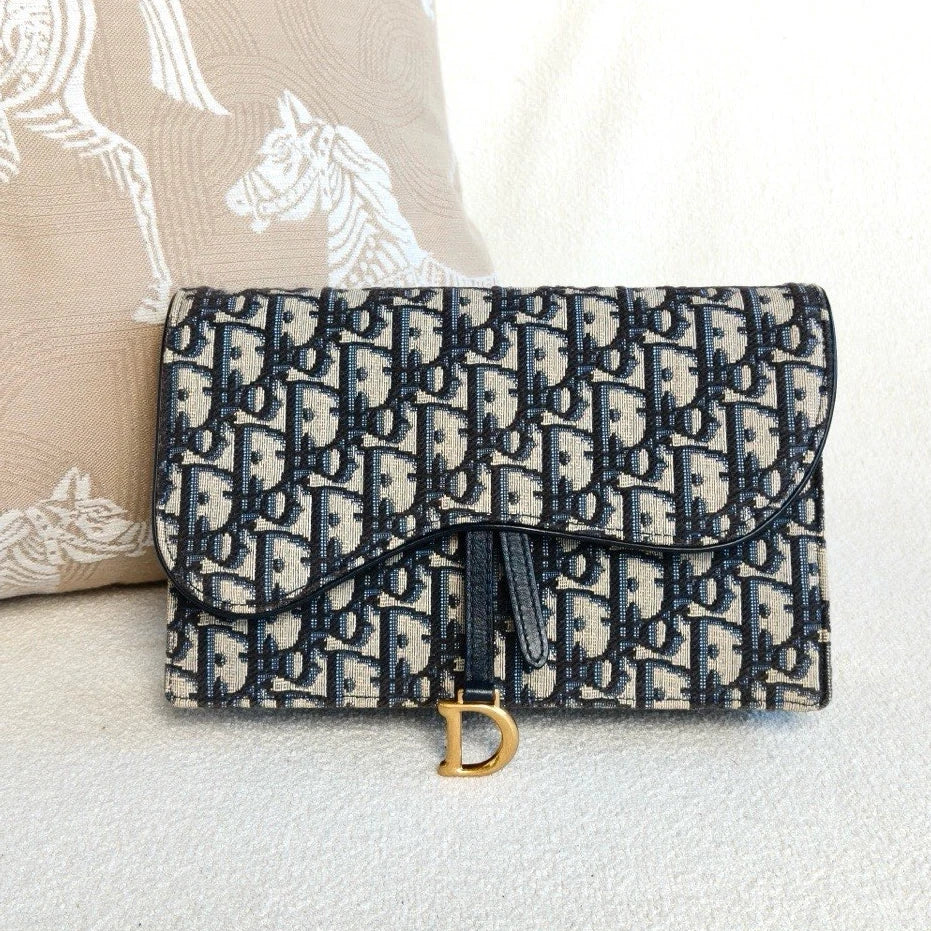 Christian Dior WOC Oblique GM Chain Shoulder Crossbody Blue Gold Women Classic