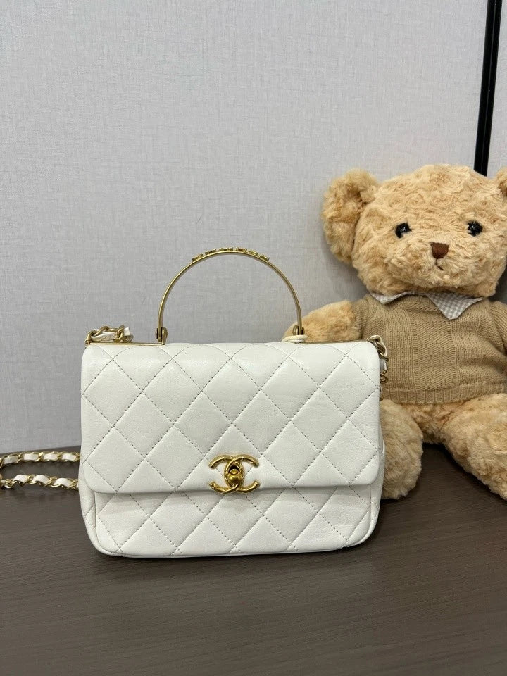 Authentic CHANEL White Diamond Top Handle Bag Crossbody For Women