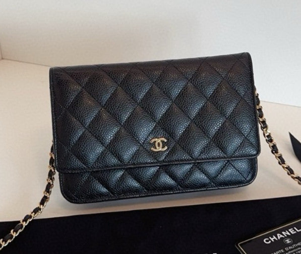 Chanel WOC Diamond Chain Shoulder Bag Crossbody Black Gold Women Classic