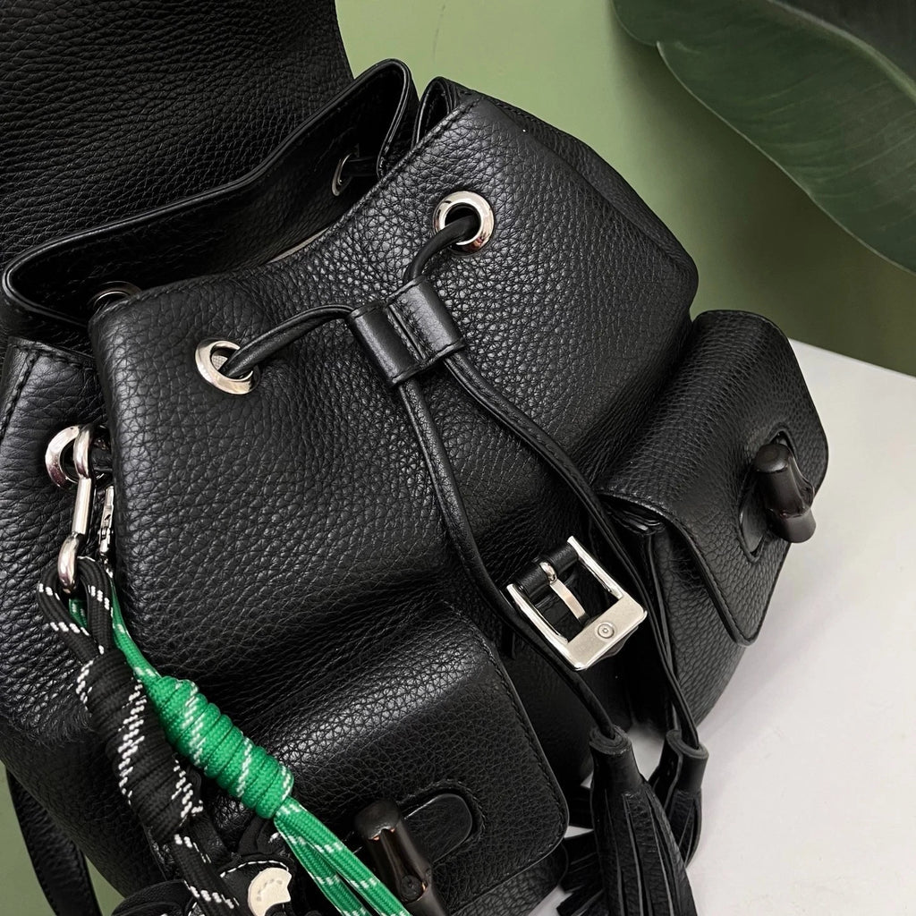 Gucci Tassel Bamboo Black Backpack Silver Hardware Women Fashion