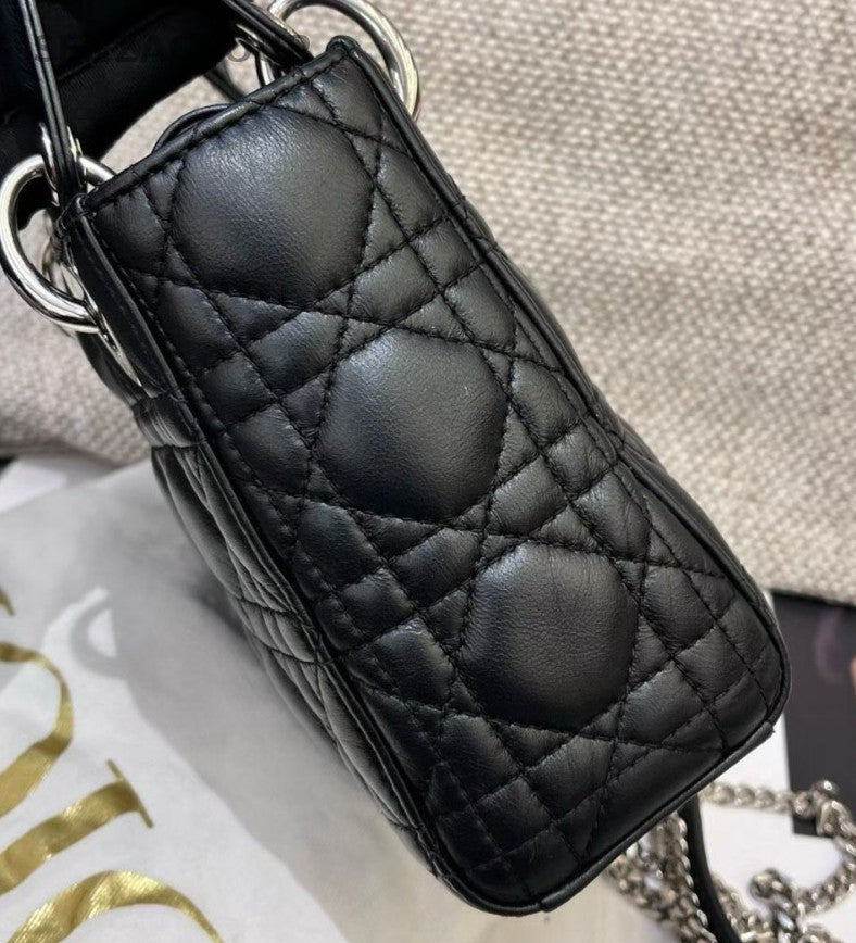 Christian Dior Lady Dior Chain Top Handle Bag Crossbody Black Red Silver Women