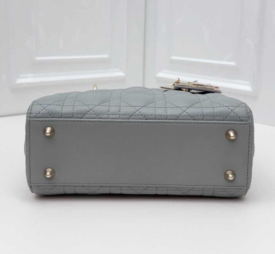 Christian Dior Lady Dior Cannage Top Handle Bag Crossbody Gray Gold Women