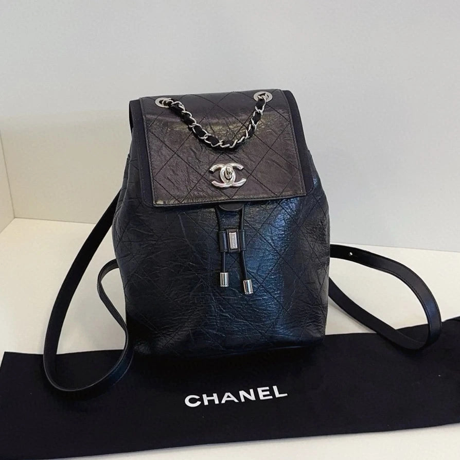Chanel Diamond Backpack Black Silver Used Women Classic Fashion