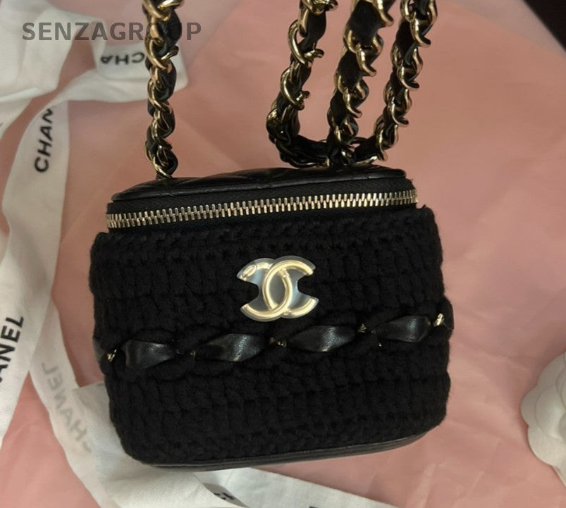 CHANEL Vanity Box mini Fur Leather Chain Shoulder bag Crossbody Women Black Gold