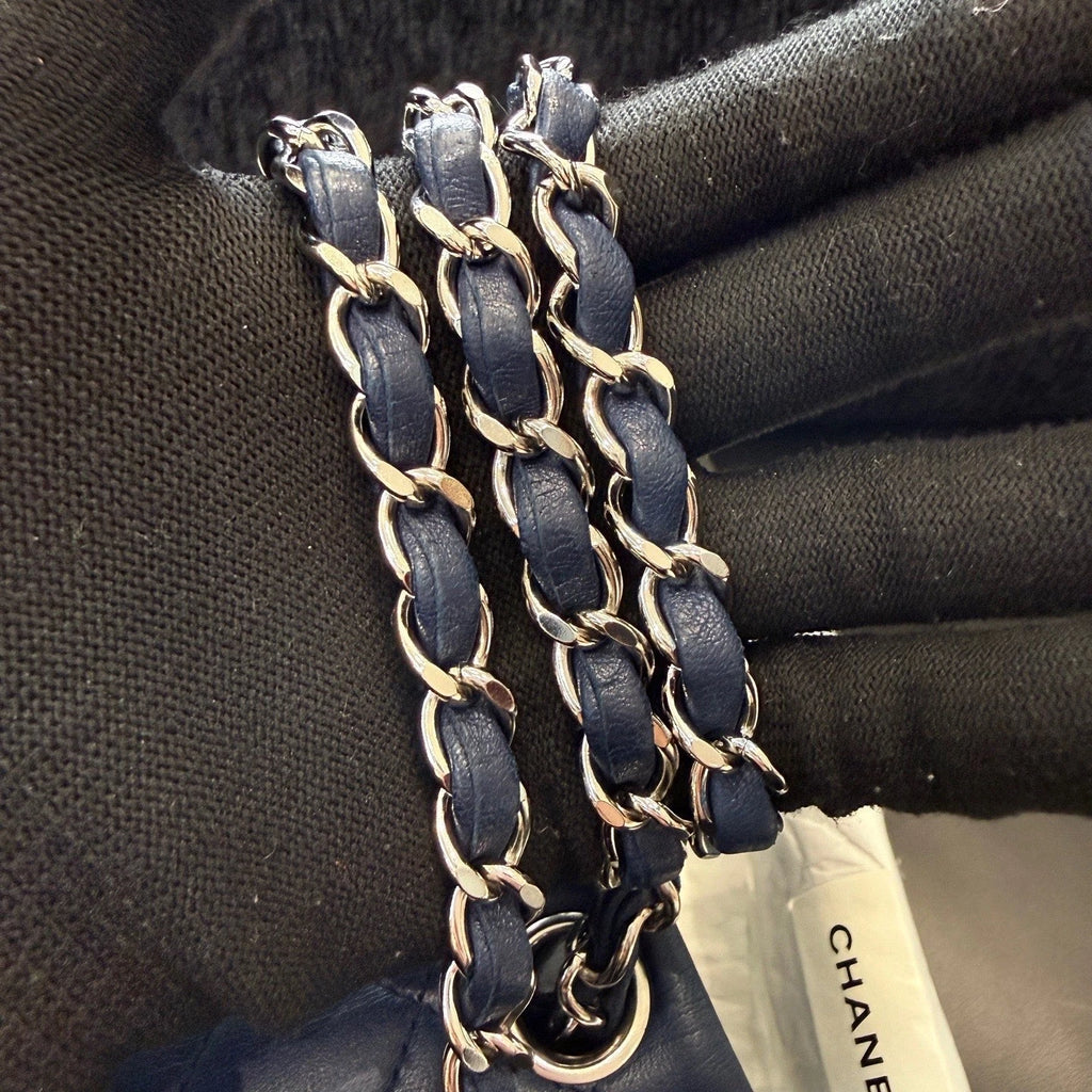 Chanel Classic Flap Lambskin Chain Crossbody Blue Silver Diamond Women Fashion