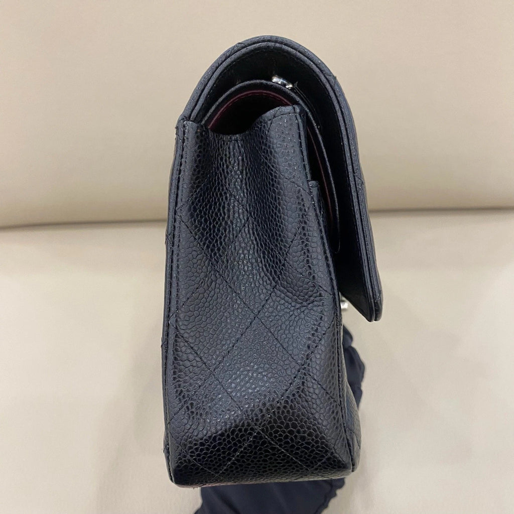 Chanel Classic Flap MM Calfskin Chain Shoulder Crossbody Black Silver Women