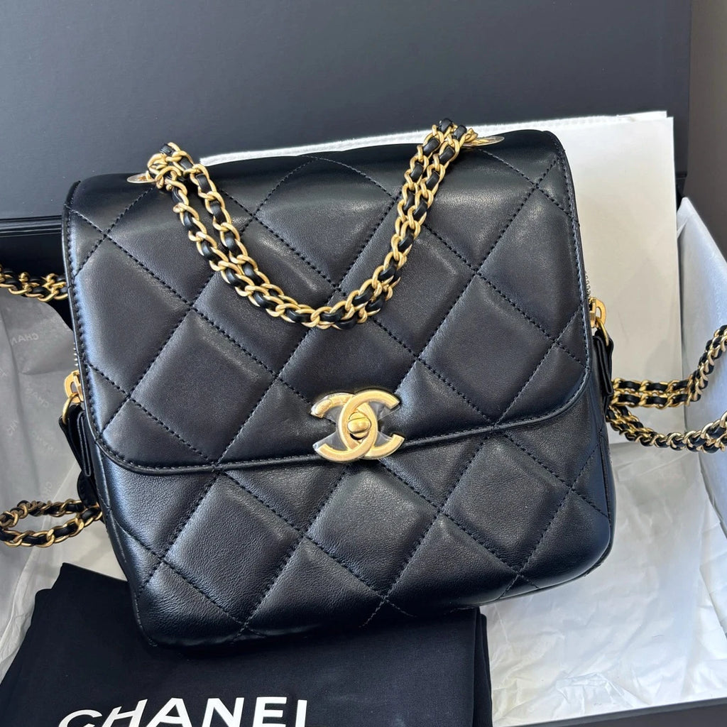 Excellent Chanel Ado Lambskin Gold Chain Black Diamond Backpack Chip Version