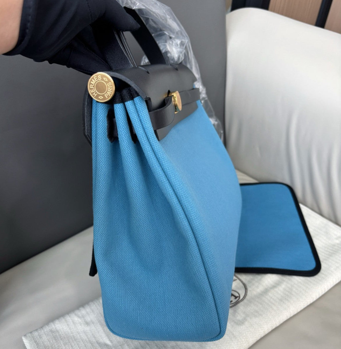 Hermes Herbag31 Top Handle Shoulder Bag Crossbody Blue Black Gold Women Classic