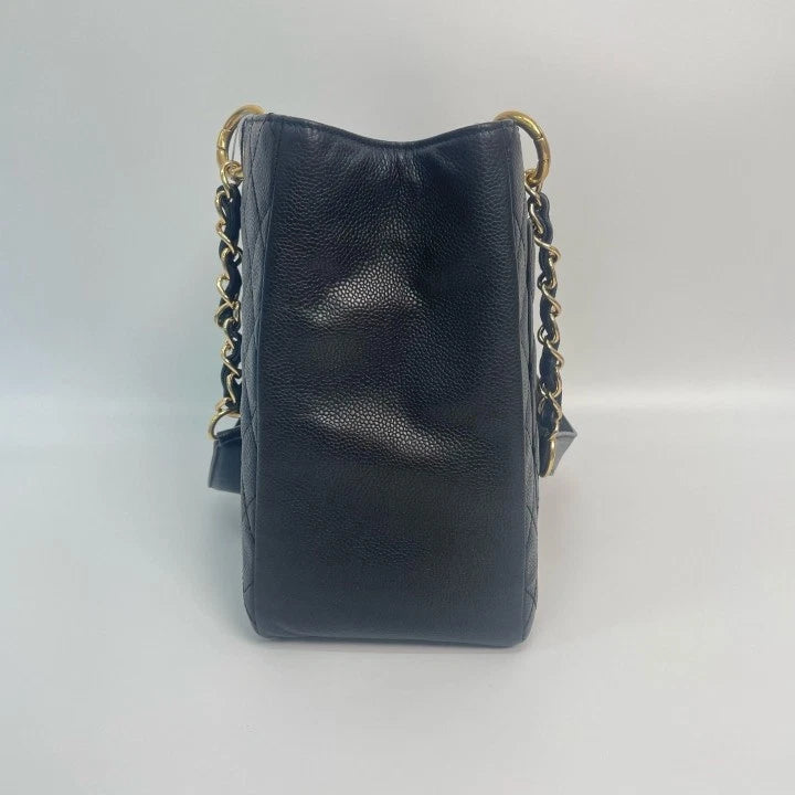 CHANEL GST Medium Black Gold Leather Tote Bag For Women