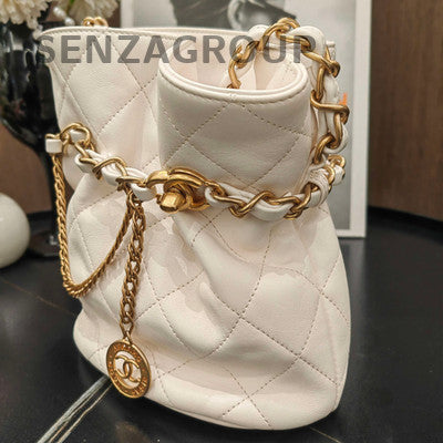 Chanel Coin Bucket Quilted Chain Shoulder Bag in White Gold