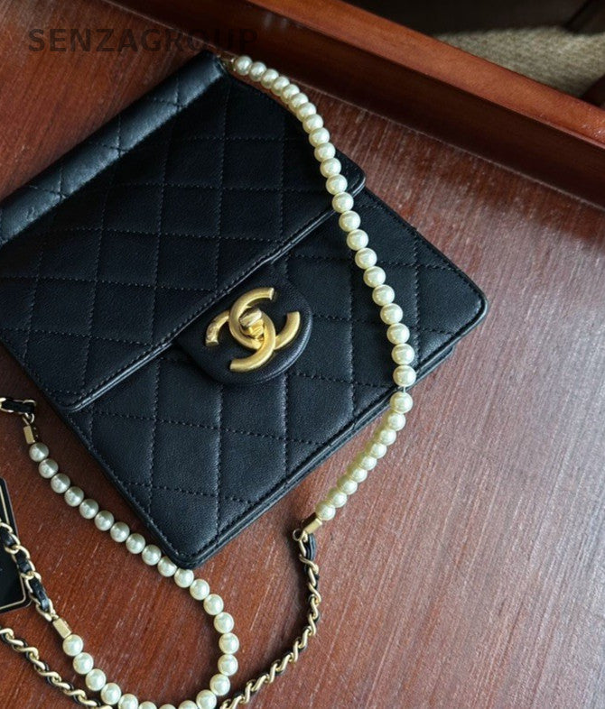 CHANEL Woc Diamond pattern Pearl chain Shoulder bag Crossbody Black Gold Women