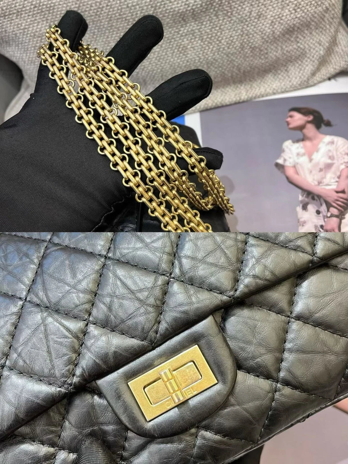 Chanel 2.55 MM Calfskin Chain Shoulder Bag Black Gold Diamond Women Classic