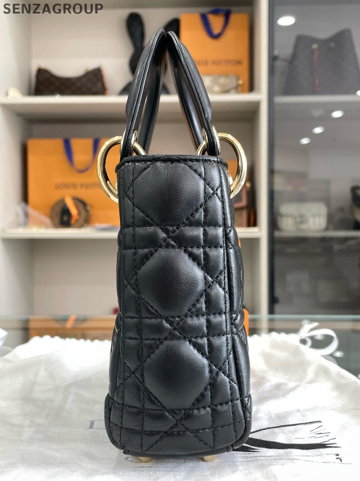 Dior Lady Dior Lambskin Cannage Black Gold Handbag Classic Women