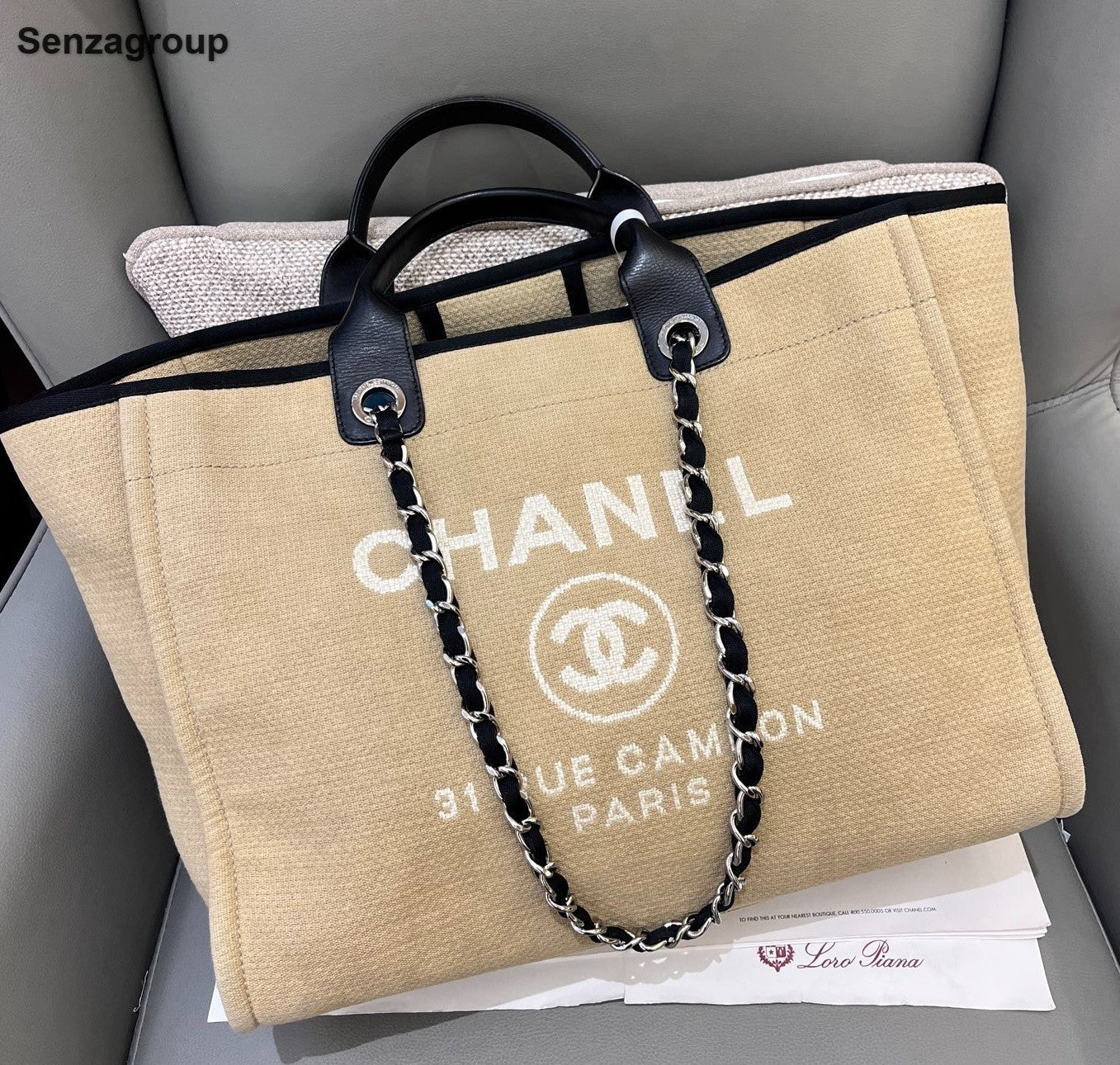 Chanel Tote Chain Beach Bag Top Handle Shoulder Bag Beige Silver Women Classic